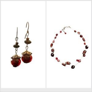 Beaded 14” Necklace with Glass and Metal Beads on Wire Red Silver Earrings 1.5”